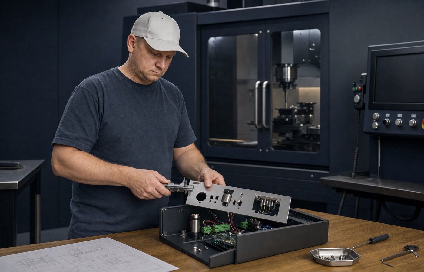ncKraft founder inspecting a machined enclosure panel while assembling custom electronics in the Michigan workshop