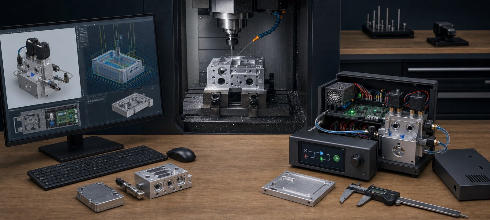 CAD/CAM model, CNC machining, and electronics integration for a custom fluid-control product