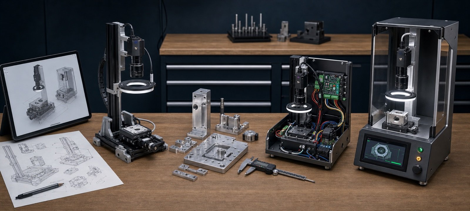 Project progression from CAD and prototype through machined components, electronics integration, and a completed optical inspection system