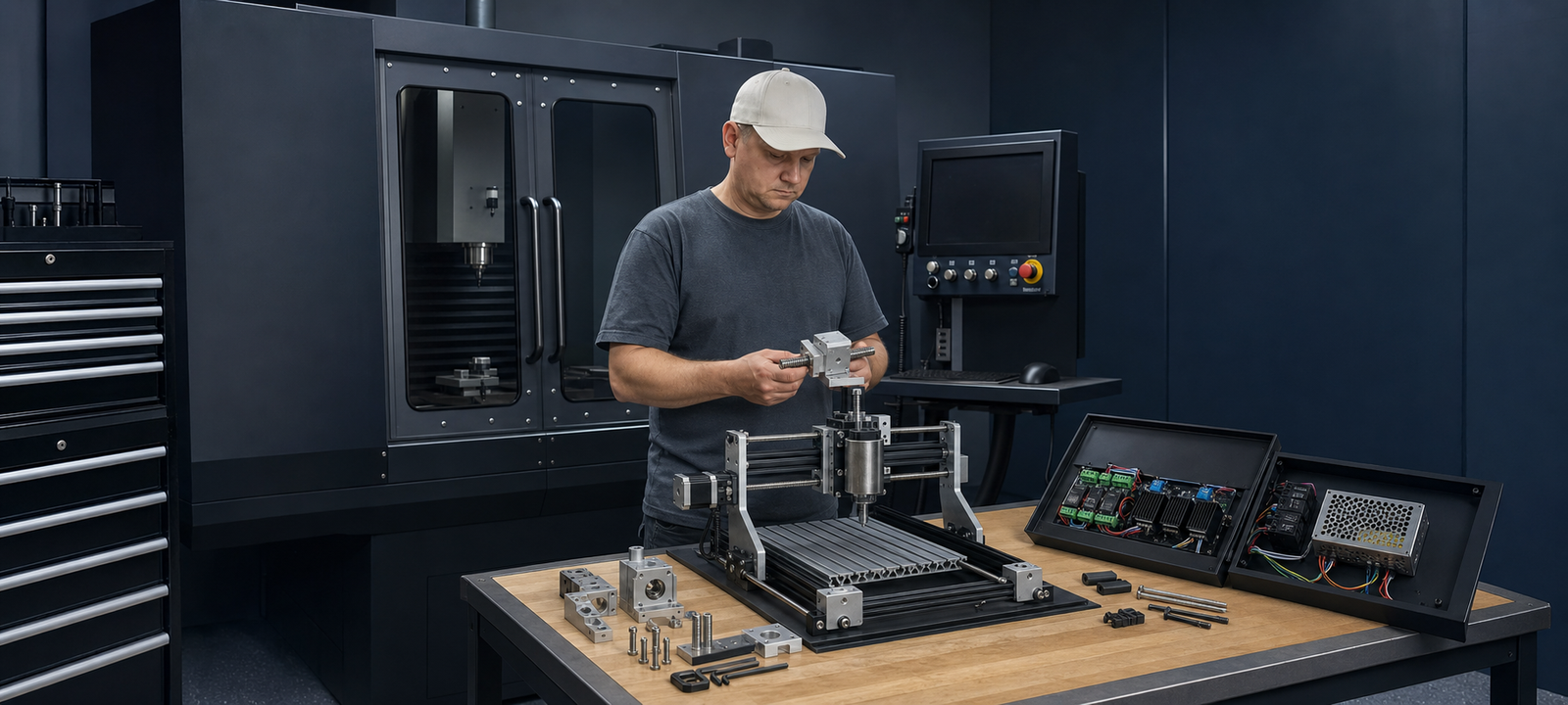 Concept visualization of hands-on machining, assembly, electronics integration, and bench testing in the ncKraft workshop