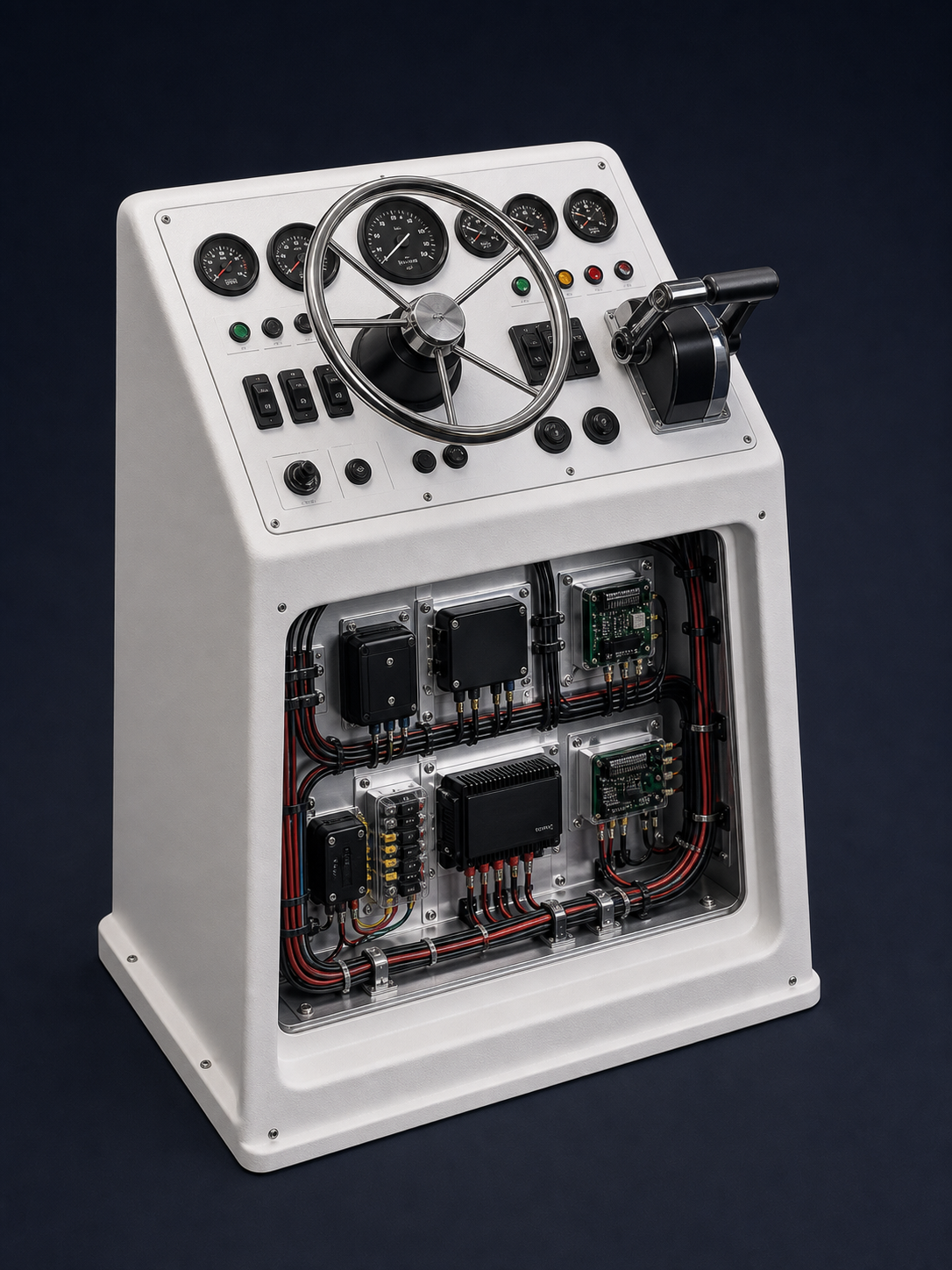 Concept visualization of a modernized boat helm with integrated electronics and organized wiring