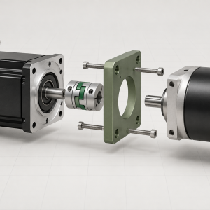Machined aluminum motor and gearbox interface plate shown as a clean exploded assembly