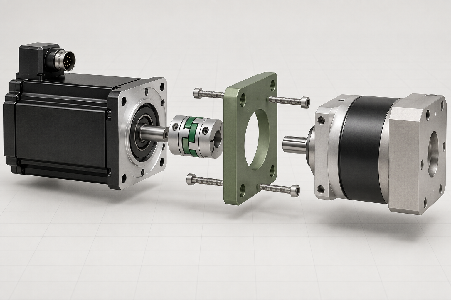 Machined aluminum motor and gearbox interface plate shown as a clean exploded assembly