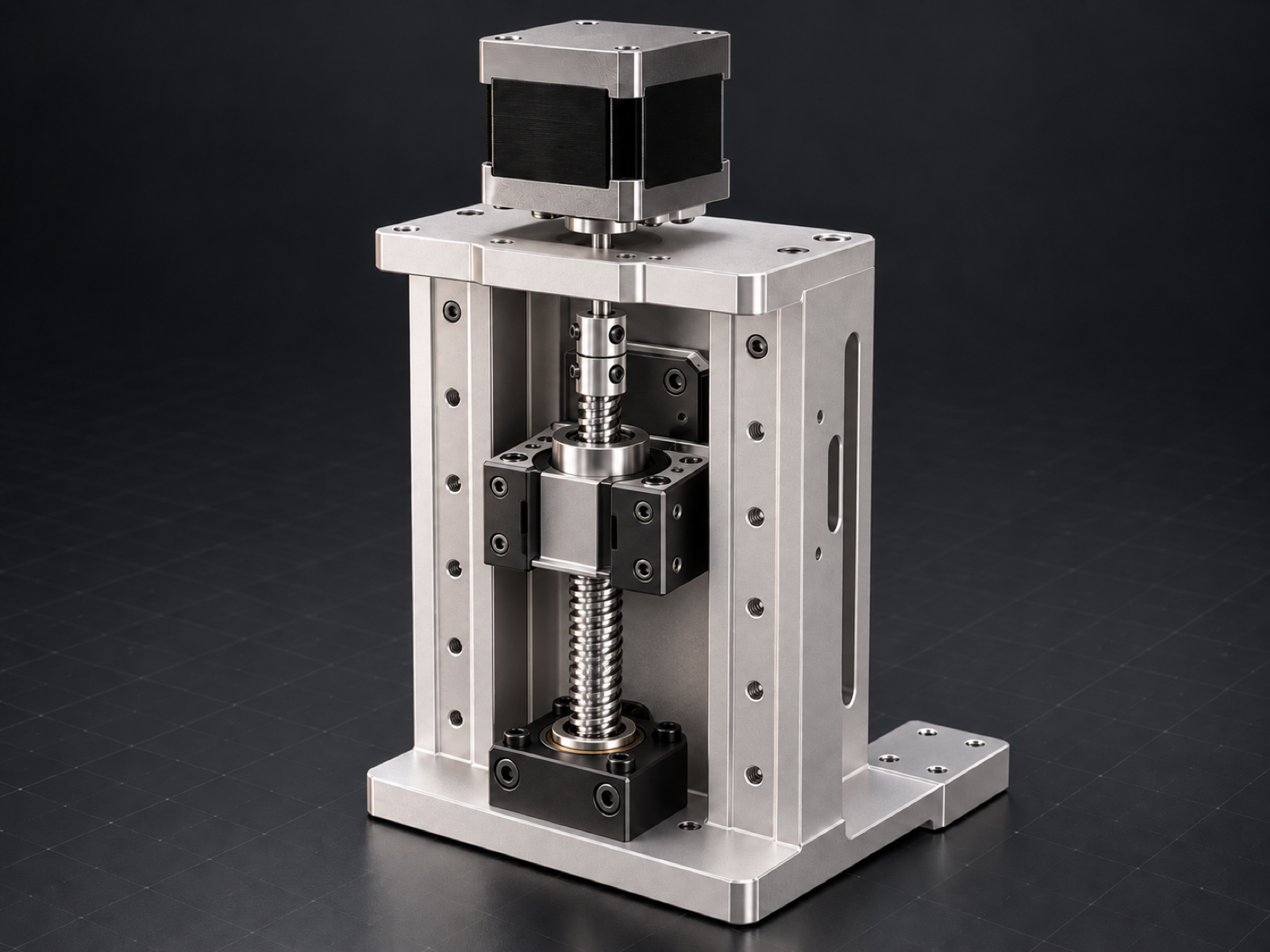 Exploded machined aluminum bracket assembly connecting a stepper motor, ballscrew, bearing, and frame